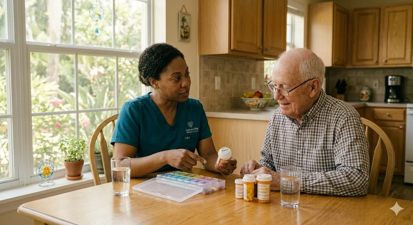 Caregiver providing medication reminders during 24-hour home care in Gainesville, FL